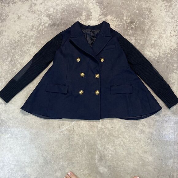 Sacai Draped Back Double Breast Coat Womens Medium Navy Black Military Knit Wool